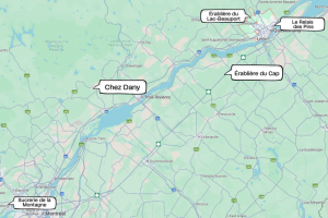 Map of southern Quebec highlighting locations of popular sugar shacks including Sucrerie de la Montagne, Chez Dany, Érablière du Cap, Érablière du Lac-Beauport, and Le Relais des Pins.